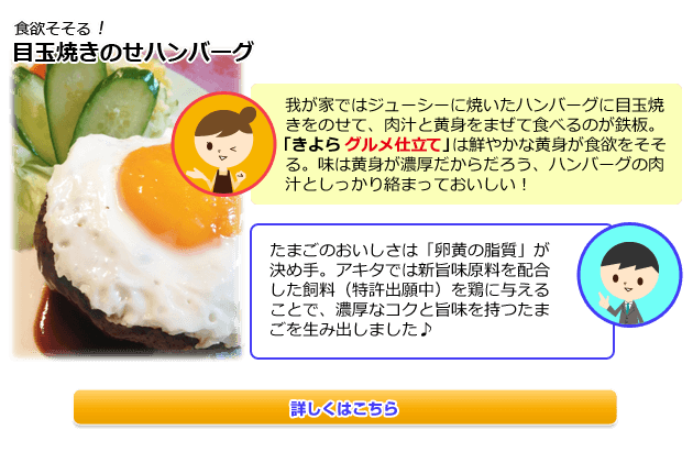 食欲そそる! 目玉焼きのせハンバーグ 我が家ではジューシーに焼いたハンバーグに目玉焼きをのせて、肉汁と黄身をまぜて食べるのが鉄板。「きよら グルメ仕立て」は鮮やかな黄身が食欲をそそる。味は黄身が濃厚だからだろう、ハンバーグの肉汁としっかり絡まっておいしい! たまごのおいしさは「卵黄の脂質」が決め手。アキタでは新旨味原料を配合した飼料(特許出願中)を鶏に与えることで、濃厚なコクと旨味を持つたまごを生み出しました♪