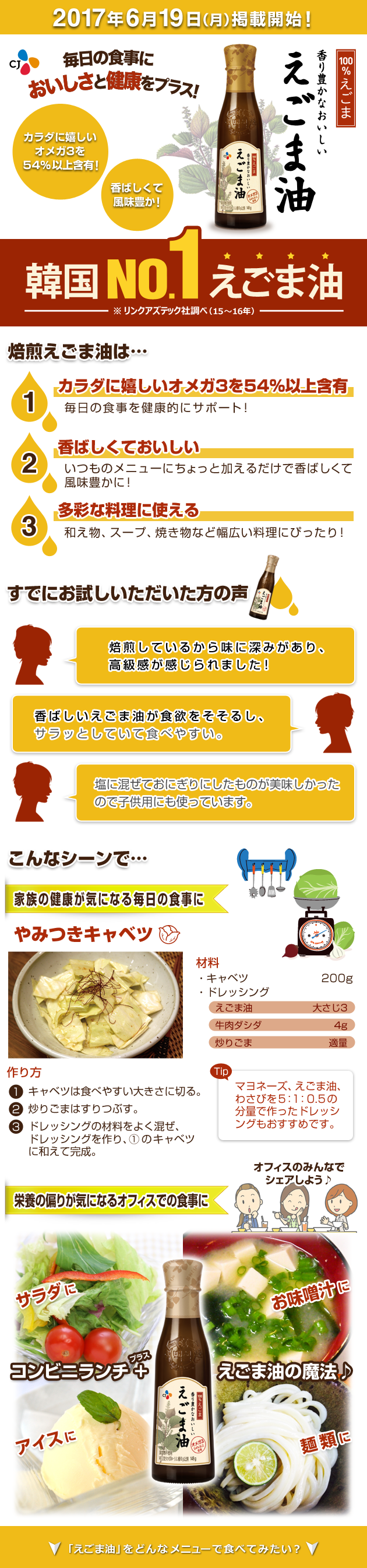 毎日の食事においしさと健康をプラス!【100%えごま】香り豊かなおいしい えごま油 2017年6月19日(月)掲載開始! 韓国 NO.1 えごま油 ※リンクアズテック社調べ(15年) 家族の健康が気になる毎日の食事に 栄養の偏りが気になるオフィスでの食事に