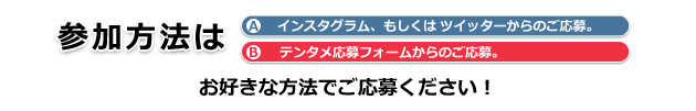 参加方法は Aインスタグラム、もしくはツイッターからのご応募。 Bテンタメ応募フォームからのご応募。 お好きな方法でご応募ください!